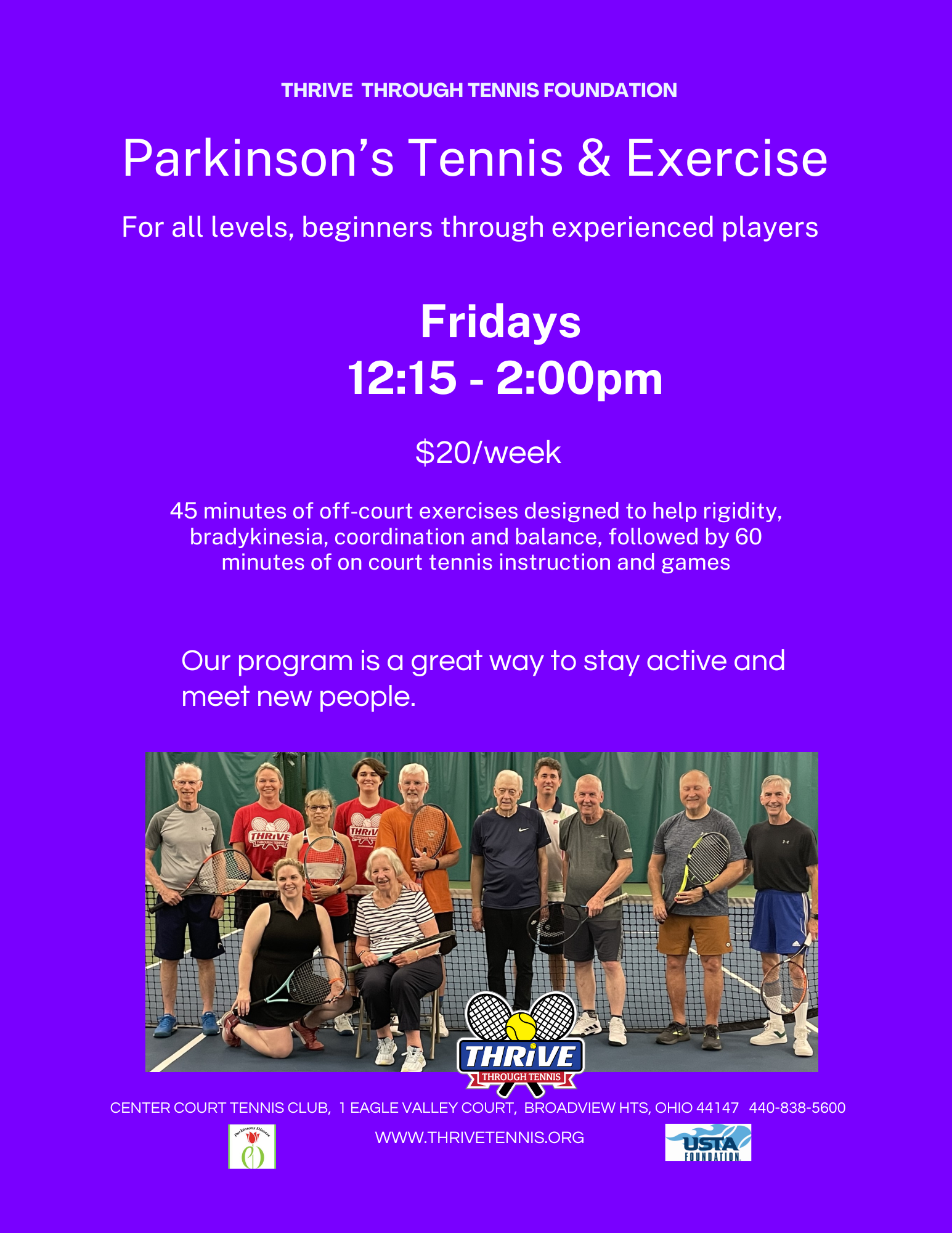 Printable flyer for Parkinson's exercise and tennis classes at Thrive Through Tennis in Broadview Heights OH